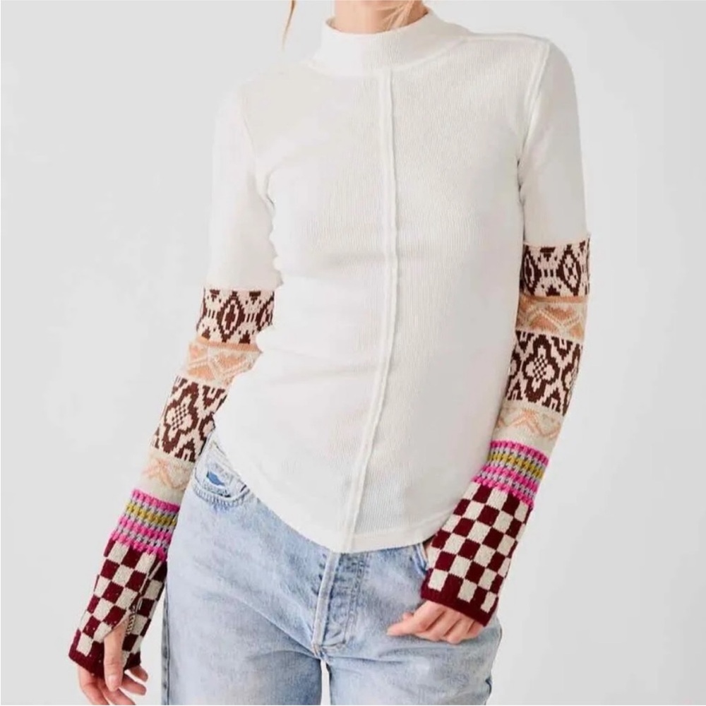 Free People Ivory Sweater with Multicolor Fair Isle Sleeves